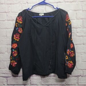 World Market Black Floral Embroidered Peasant Blouse S Boho Smocked Tie Tassel